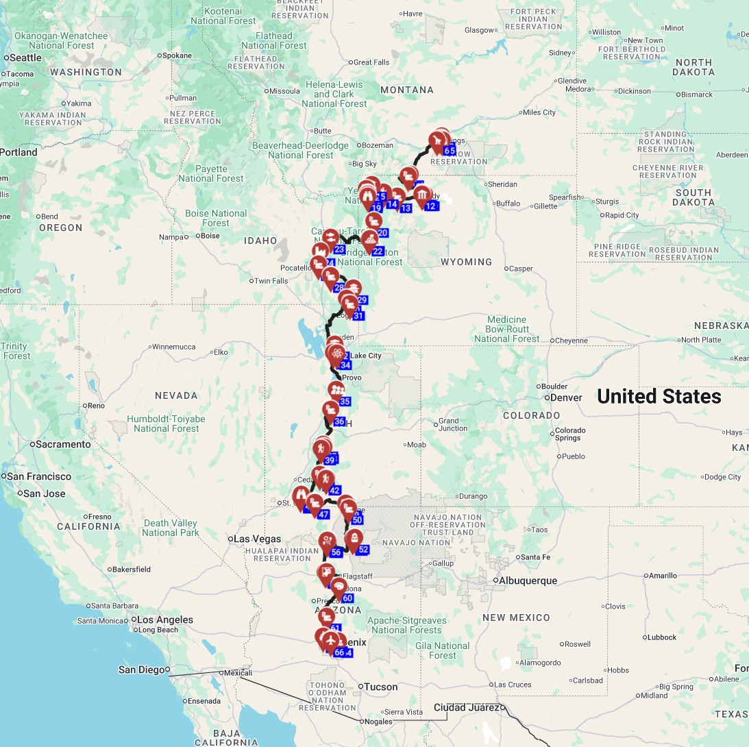Map for Billings to Phoenix - Canyons  Cowboys The Wild West RV Journey